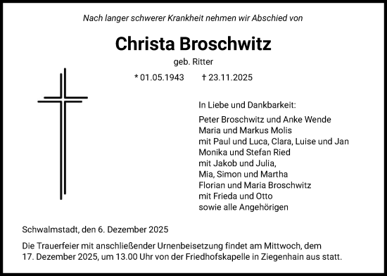Traueranzeige von Christa Broschwitz von HNA