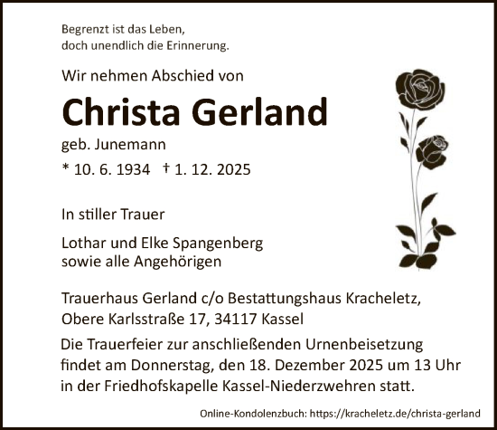 Traueranzeige von Christa Gerland von HNA
