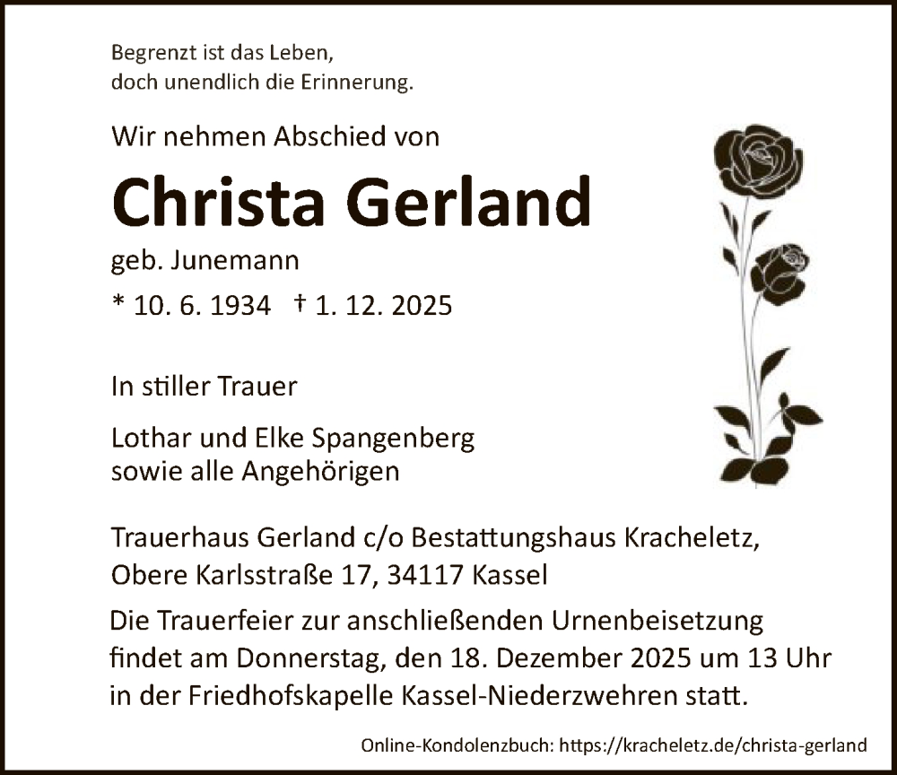  Traueranzeige für Christa Gerland vom 13.12.2025 aus HNA