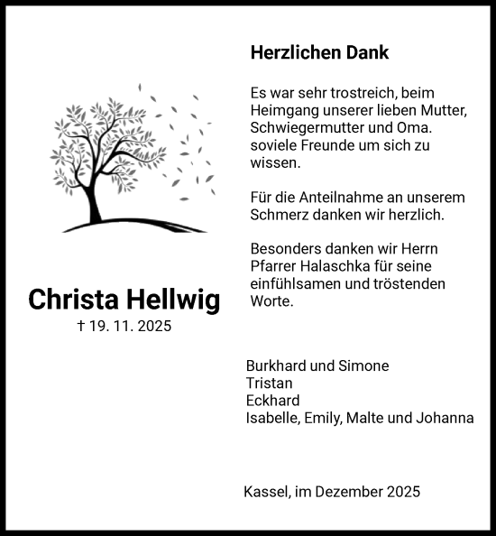 Traueranzeige von Christa Hellwig von HNA