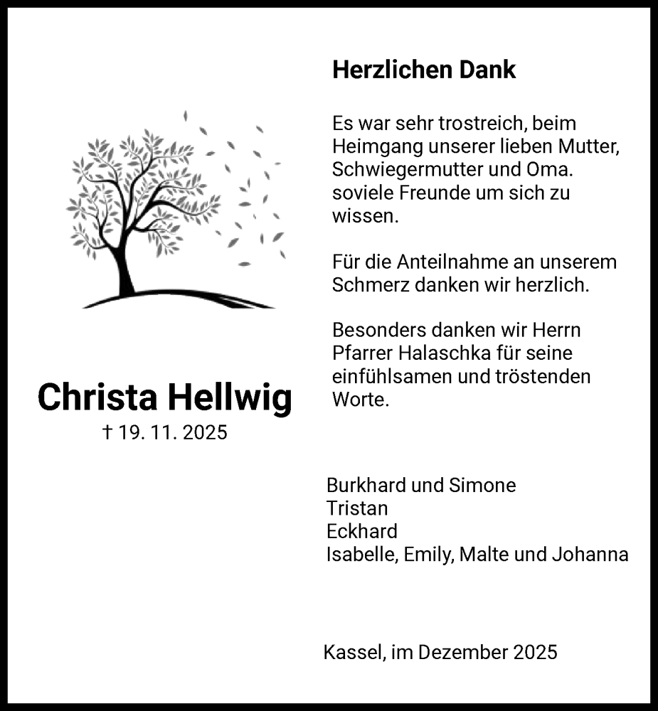  Traueranzeige für Christa Hellwig vom 20.12.2025 aus HNA