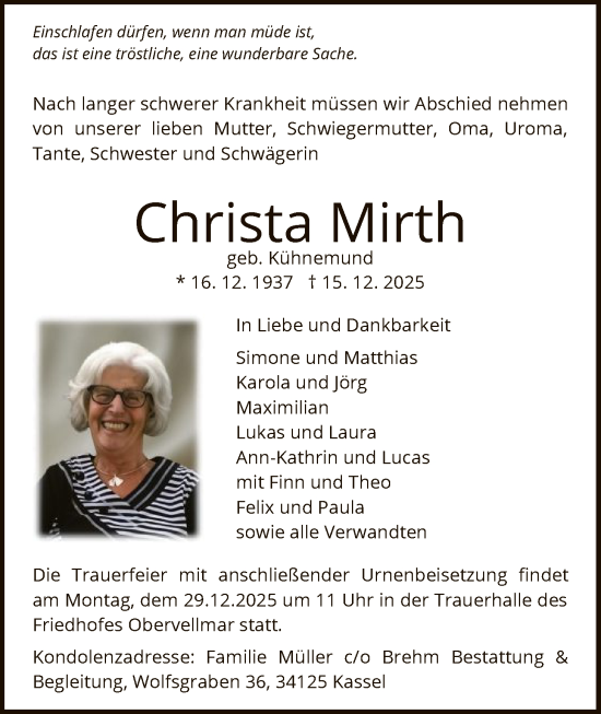 Traueranzeige von Christa Mirth von HNA