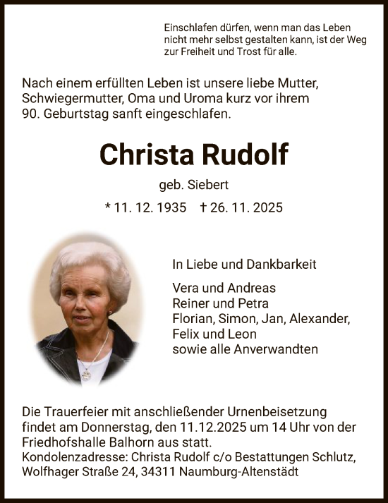Traueranzeige von Christa Rudolf von HNA