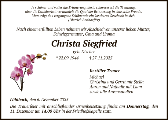 Traueranzeige von Christa Siegfried von HNA