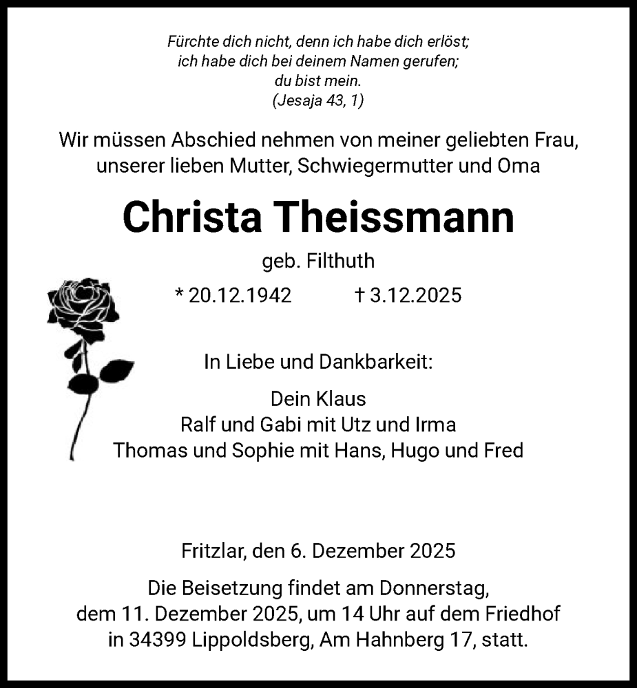  Traueranzeige für Christa Theissmann vom 06.12.2025 aus HNAHNA