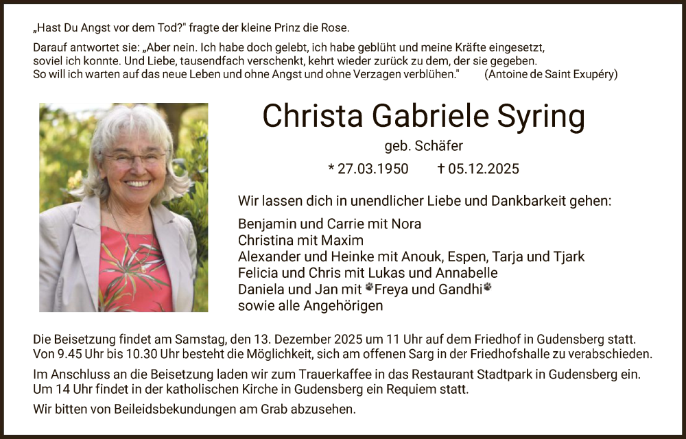  Traueranzeige für Christa Gabriele Syring vom 09.12.2025 aus HNAHNA