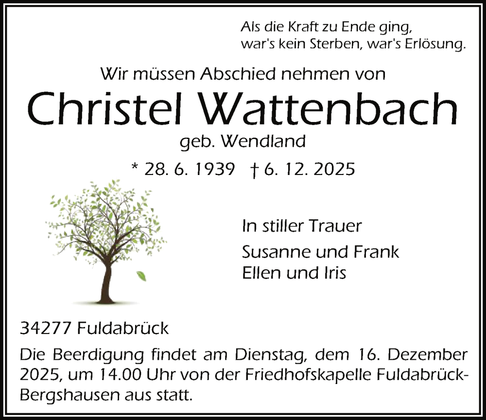  Traueranzeige für Christel Wattenbach vom 13.12.2025 aus HNA