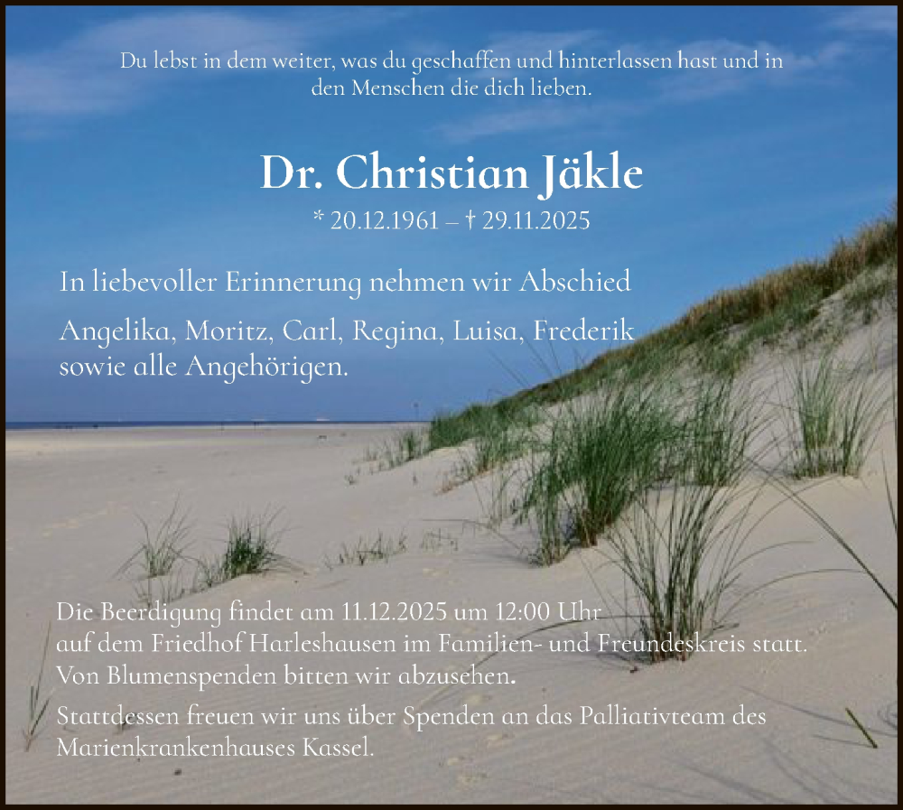  Traueranzeige für Christian Jäckle vom 06.12.2025 aus HNA