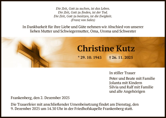 Traueranzeige von Christine Kutz von HNA