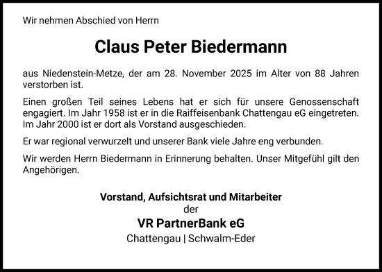 Traueranzeige von Claus Peter Biedermann von HNA