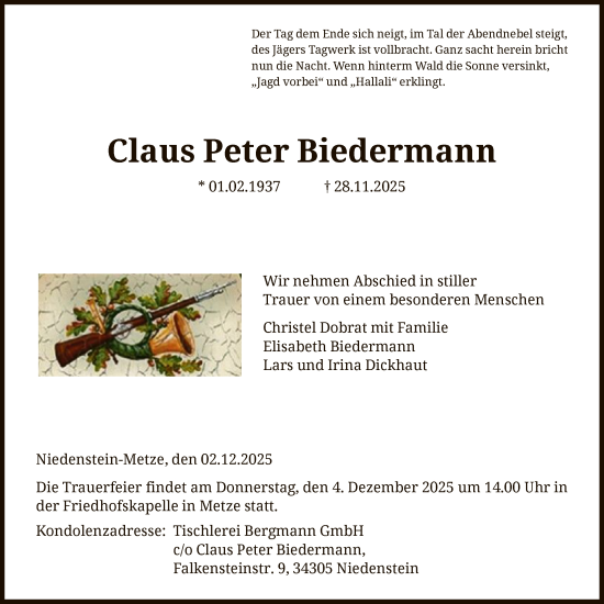 Traueranzeige von Claus Peter Biedermann von HNA
