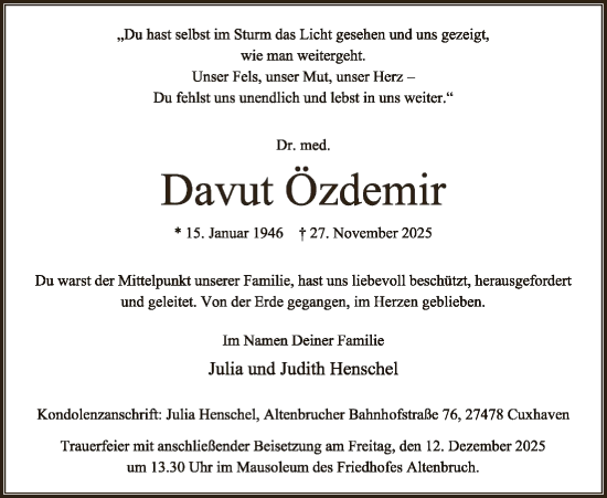 Traueranzeige von Davut Özdemir von HNA