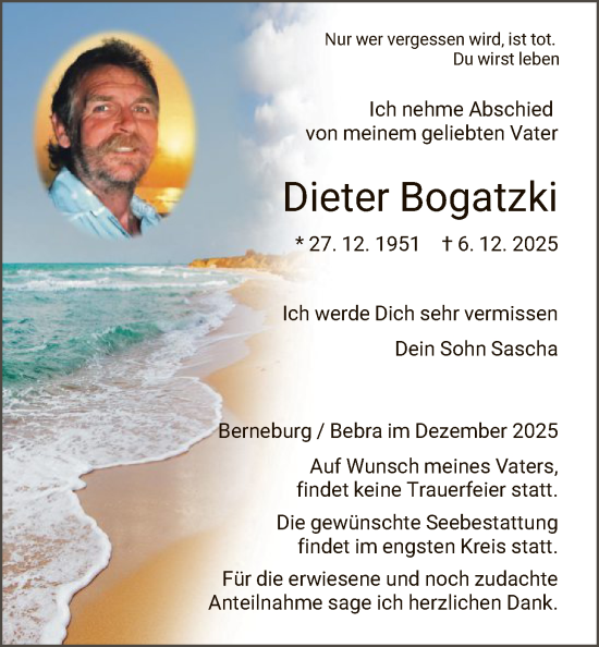 Traueranzeige von Dieter Bogatzki von HNAWRS