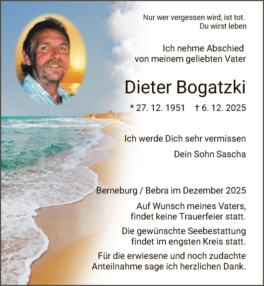 Traueranzeige für Dieter Bogatzki vom 13.12.2025 aus HNAWRS