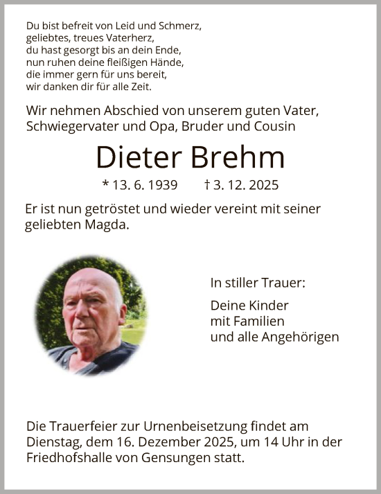 Traueranzeige von Dieter Brehm von HNA