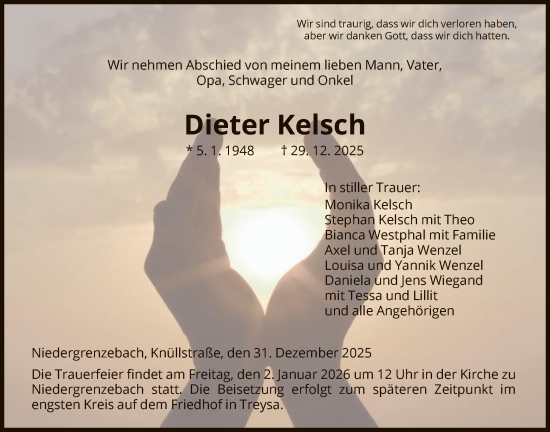 Traueranzeige von Dieter Kelsch von HNA