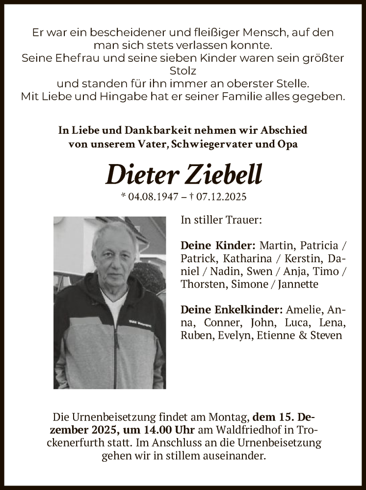  Traueranzeige für Dieter Ziebell vom 12.12.2025 aus HNA
