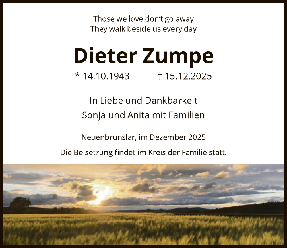  Traueranzeige für Dieter Zumpe vom 20.12.2025 aus HNA