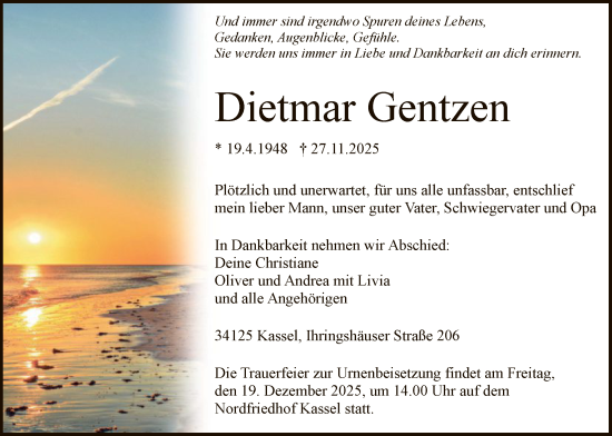 Traueranzeige von Dietmar Gentzen von HNA