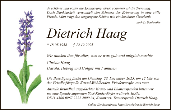 Traueranzeige von Dietrich Haag von HNA