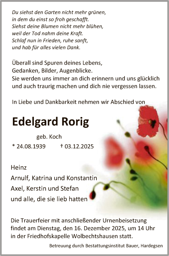 Traueranzeige von Edelgard Rorig von HNA