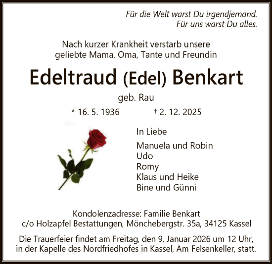 Traueranzeige von Edeltraud Benkart von HNA