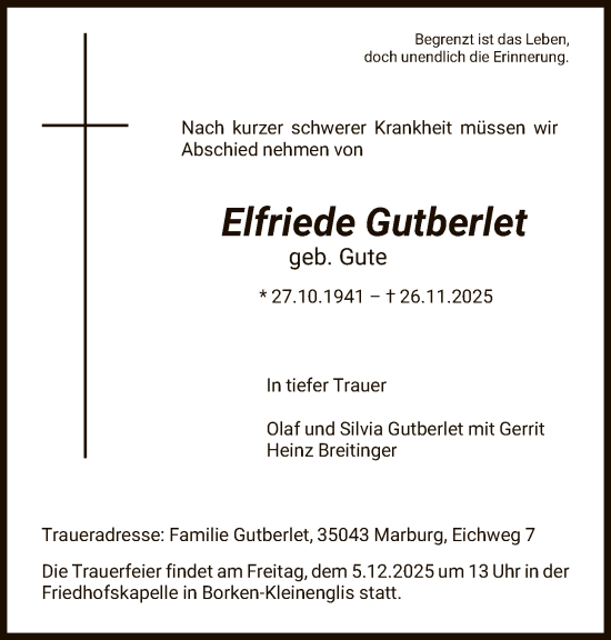 Traueranzeige von Elfriede Gutberlet von HNA