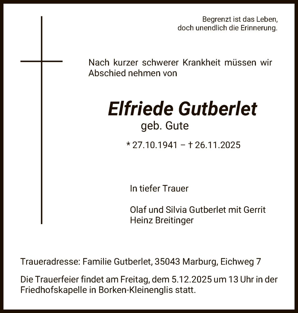  Traueranzeige für Elfriede Gutberlet vom 03.12.2025 aus HNA