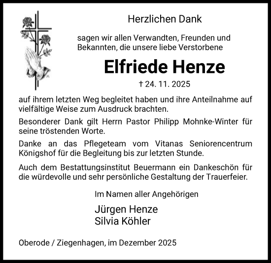 Traueranzeige von Elfriede Henze von HNAHNA