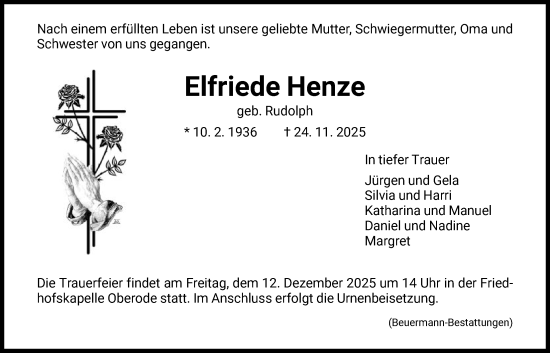 Traueranzeige von Elfriede Henze von HNA