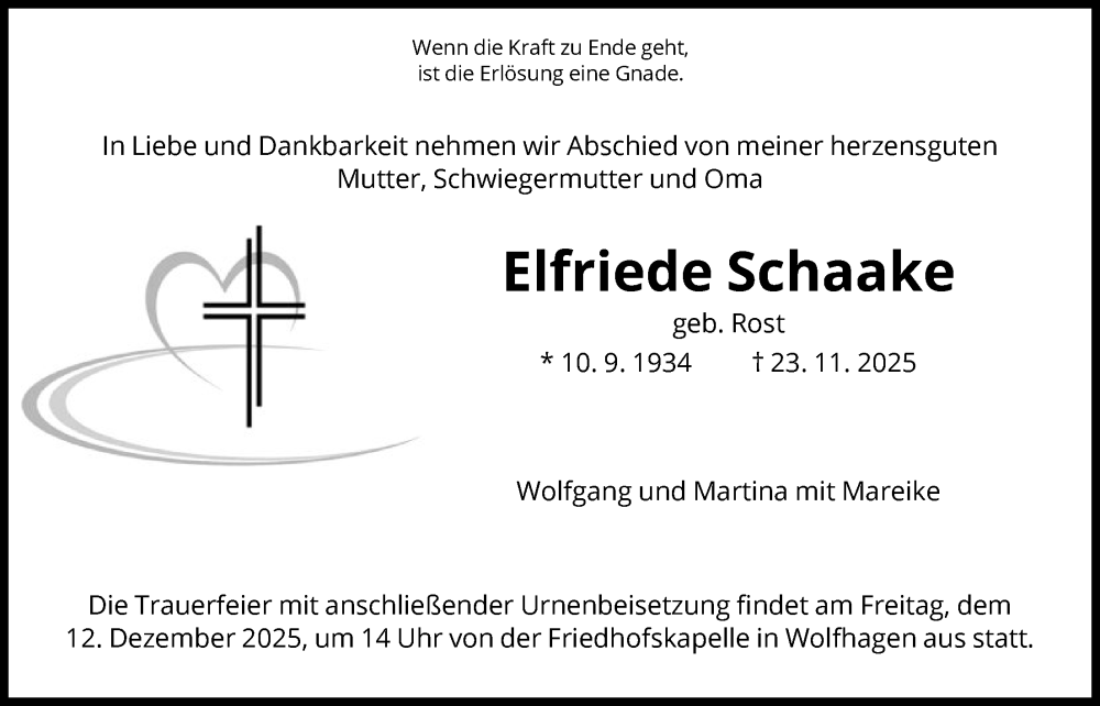  Traueranzeige für Elfriede Schaake vom 06.12.2025 aus HNA