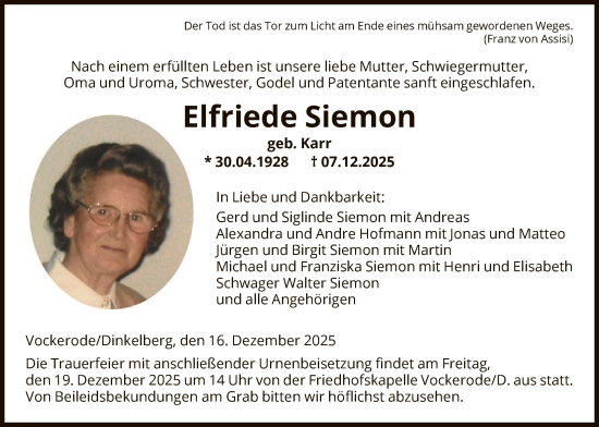 Traueranzeige von Elfriede Siemon von HNAHNA