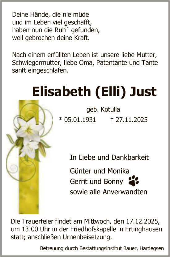 Traueranzeige von Elisabeth (Elli) Just von HNA