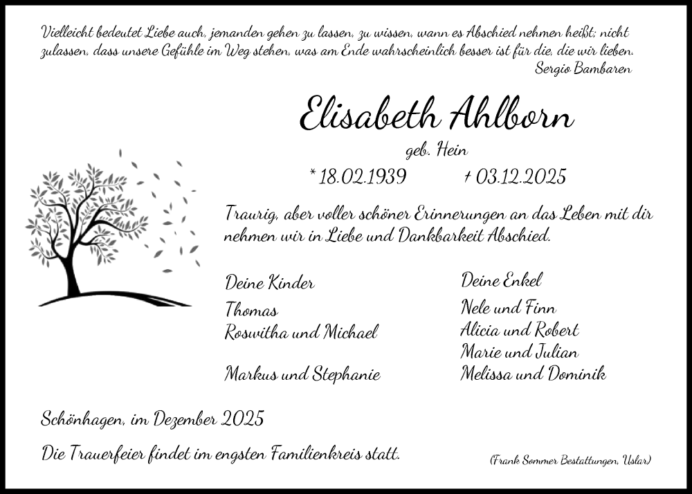  Traueranzeige für Elisabeth Ahlborn vom 13.12.2025 aus HNA