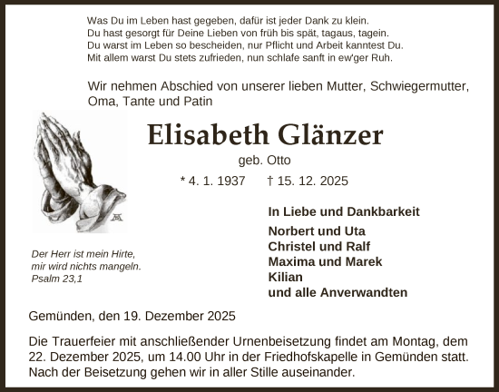 Traueranzeige von Elisabeth Glänzer von HNA