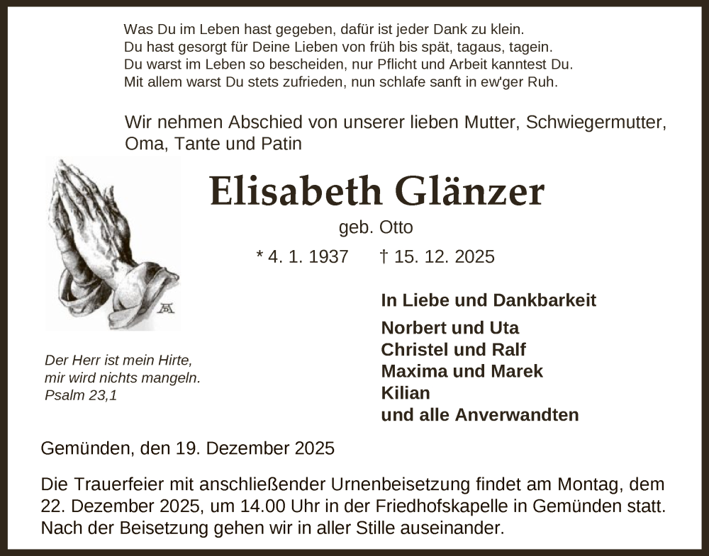  Traueranzeige für Elisabeth Glänzer vom 19.12.2025 aus HNA