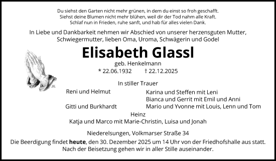 Traueranzeige von Elisabeth Glassl von HNA