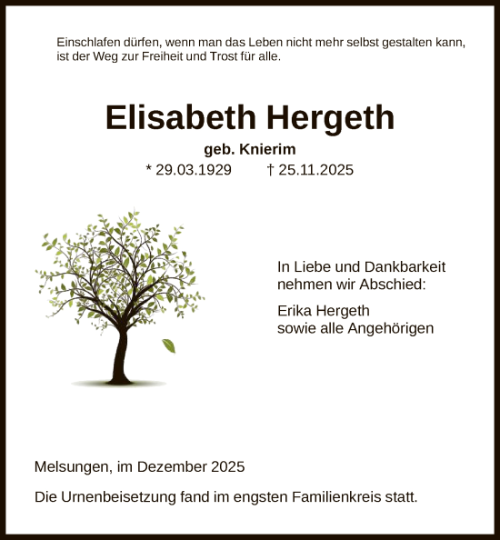 Traueranzeige von Elisabeth Hergeth von HNA