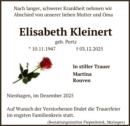 Traueranzeige von Elisabeth Kleinert von HNA