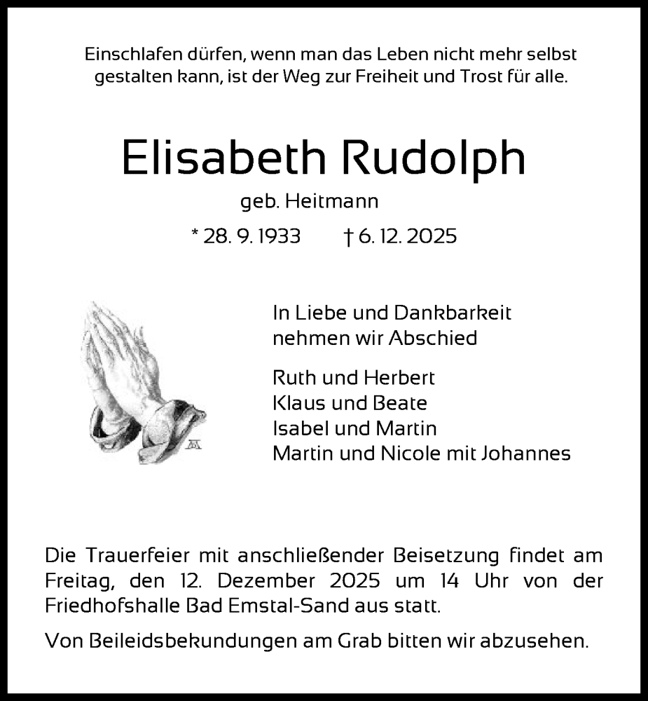  Traueranzeige für Elisabeth Rudolph vom 10.12.2025 aus HNA