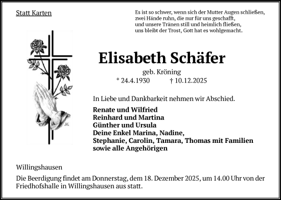 Traueranzeige von Elisabeth Schäfer von HNA