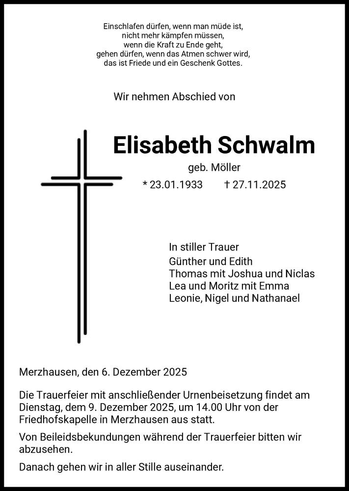  Traueranzeige für Elisabeth Schwalm vom 06.12.2025 aus HNA