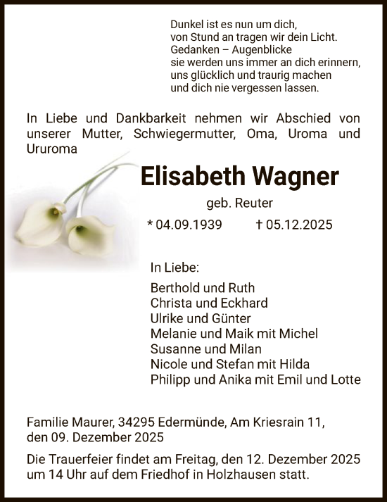 Traueranzeige von Elisabeth Wagner von HNAHNA