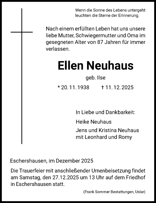 Traueranzeige von Ellen Neuhaus von HNA
