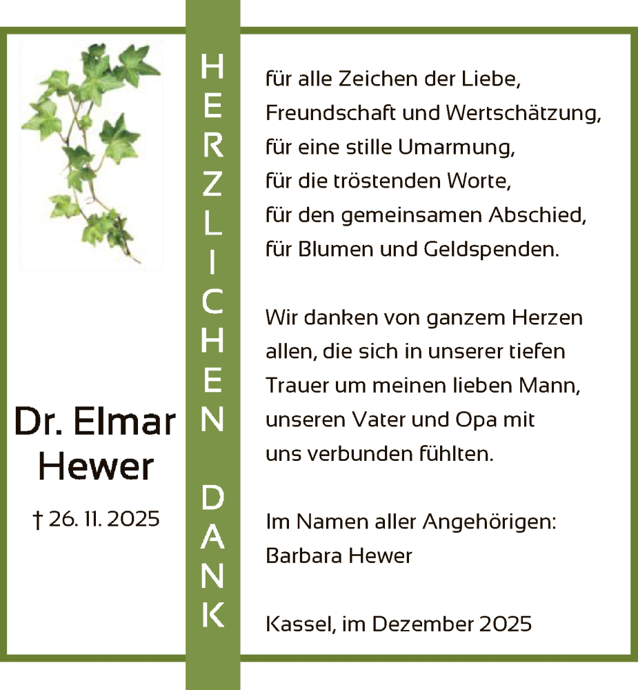  Traueranzeige für Elmar Hewer vom 27.12.2025 aus HNA
