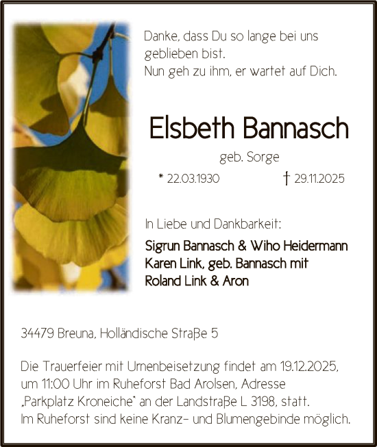 Traueranzeige von Elsbeth Bannasch von HNA