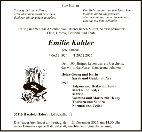 Traueranzeige von Emilie Kahler von HNA
