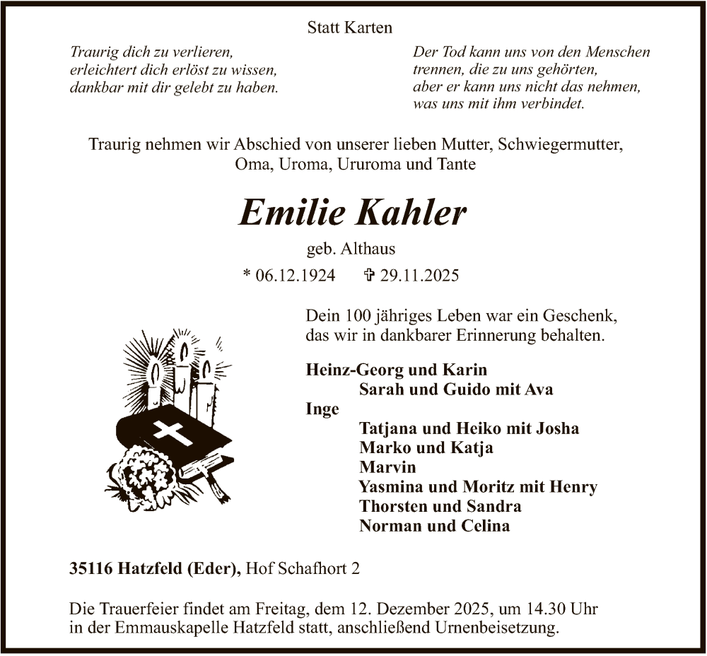  Traueranzeige für Emilie Kahler vom 08.12.2025 aus HNA
