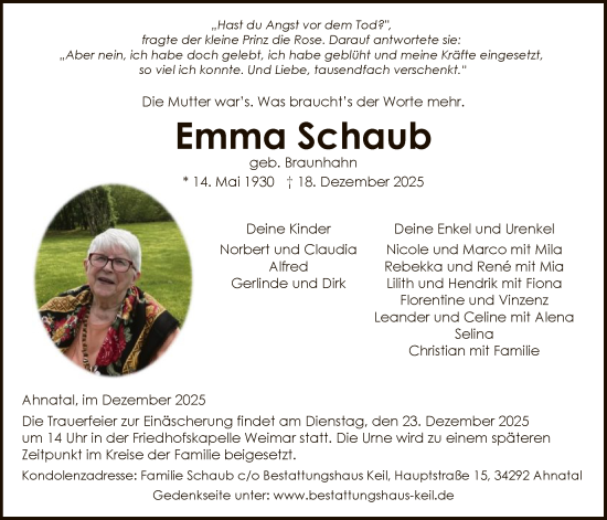 Traueranzeige von Emma Schaub von HNA