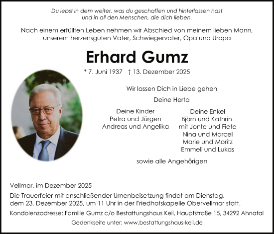Traueranzeige von Erhard Gumz von HNA